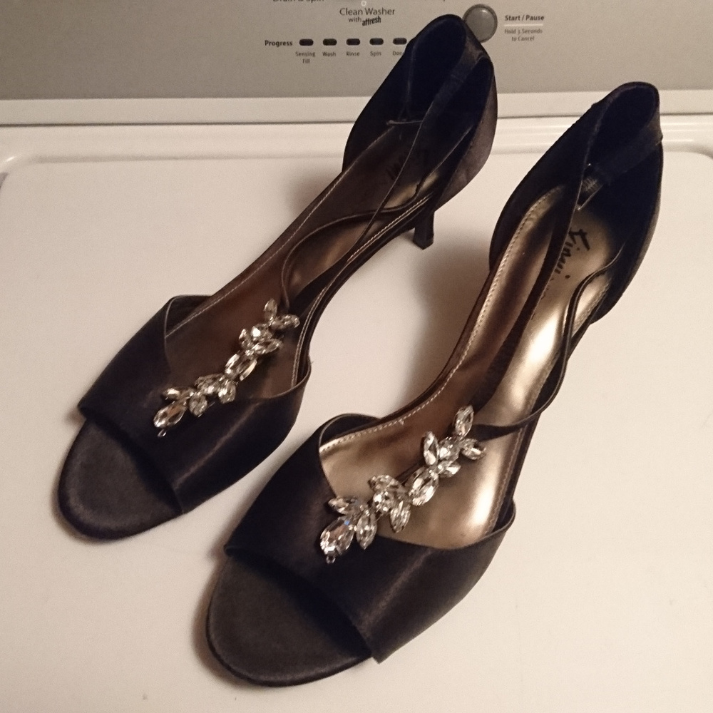 Satin Black Jeweled Open Toe Kitten Heels